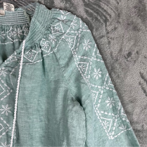 Joie Light Blue 100% Linen Embroidered Peasant Blouse Top Small Lagenlook Tassel - Picture 5 of 14